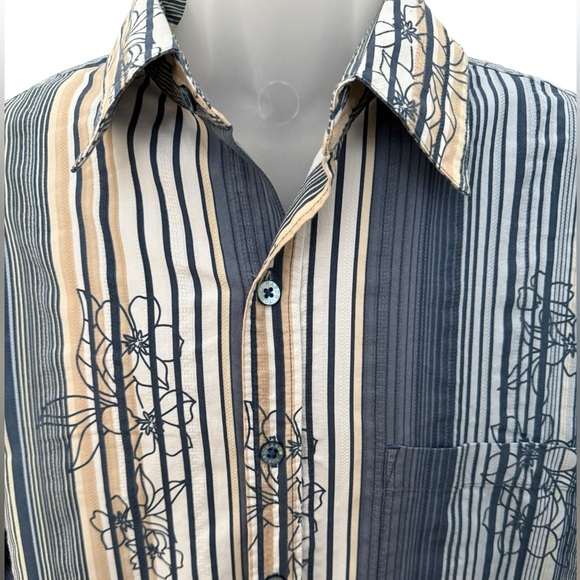 Tori Richard Aloha Hawaiian Blue & Tan Striped Floral Shirt Men L Large - Picture 2 of 5